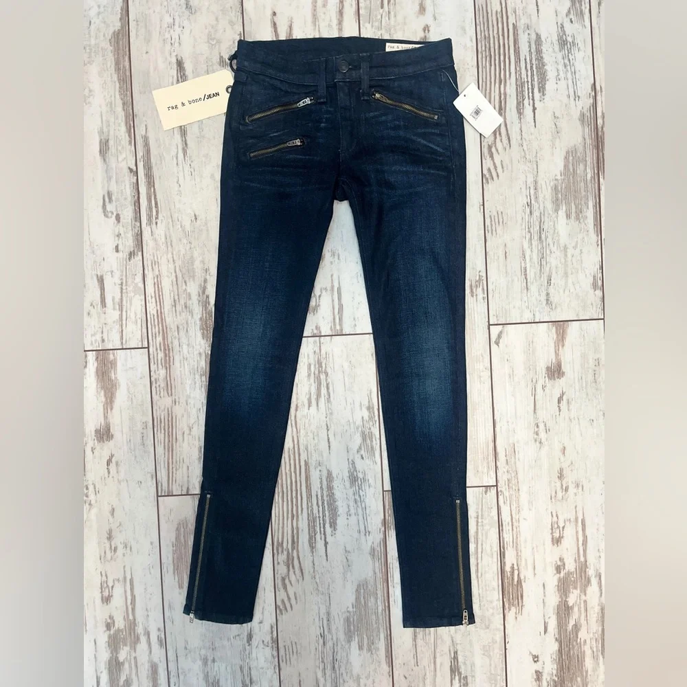 Rag & Bone Kensington Moto Skinny Jeans Dark Blue Zip Detail Size 24 NWT - Picture 9 of 16